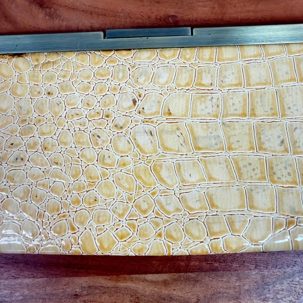 Jessica McClintock Yellow Croc Embossed Clutch Evening Bag w Brass Frame & Chain